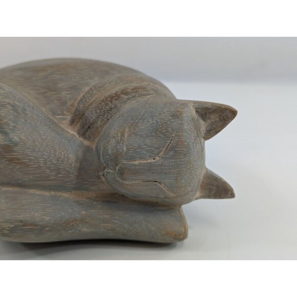 Curled Up Sleeping Cat Figurine Carved Etched Wood Gray Vtg Kitten Statue 5" - Picture 2 of 9